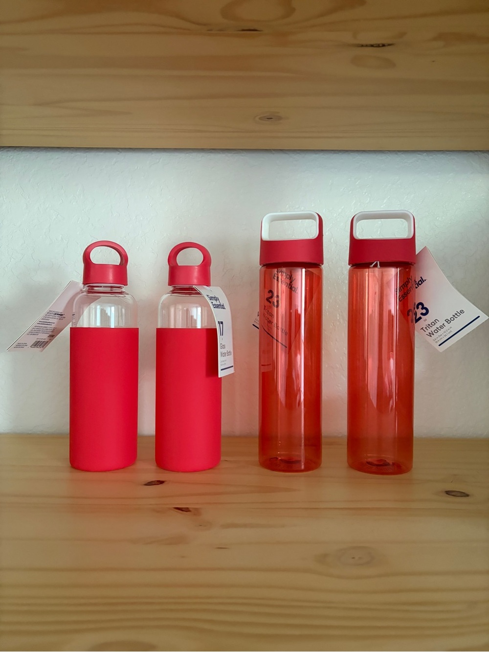 Set of 4 Red Reusable Water Bottles - 2 Glass and 2 Plastic